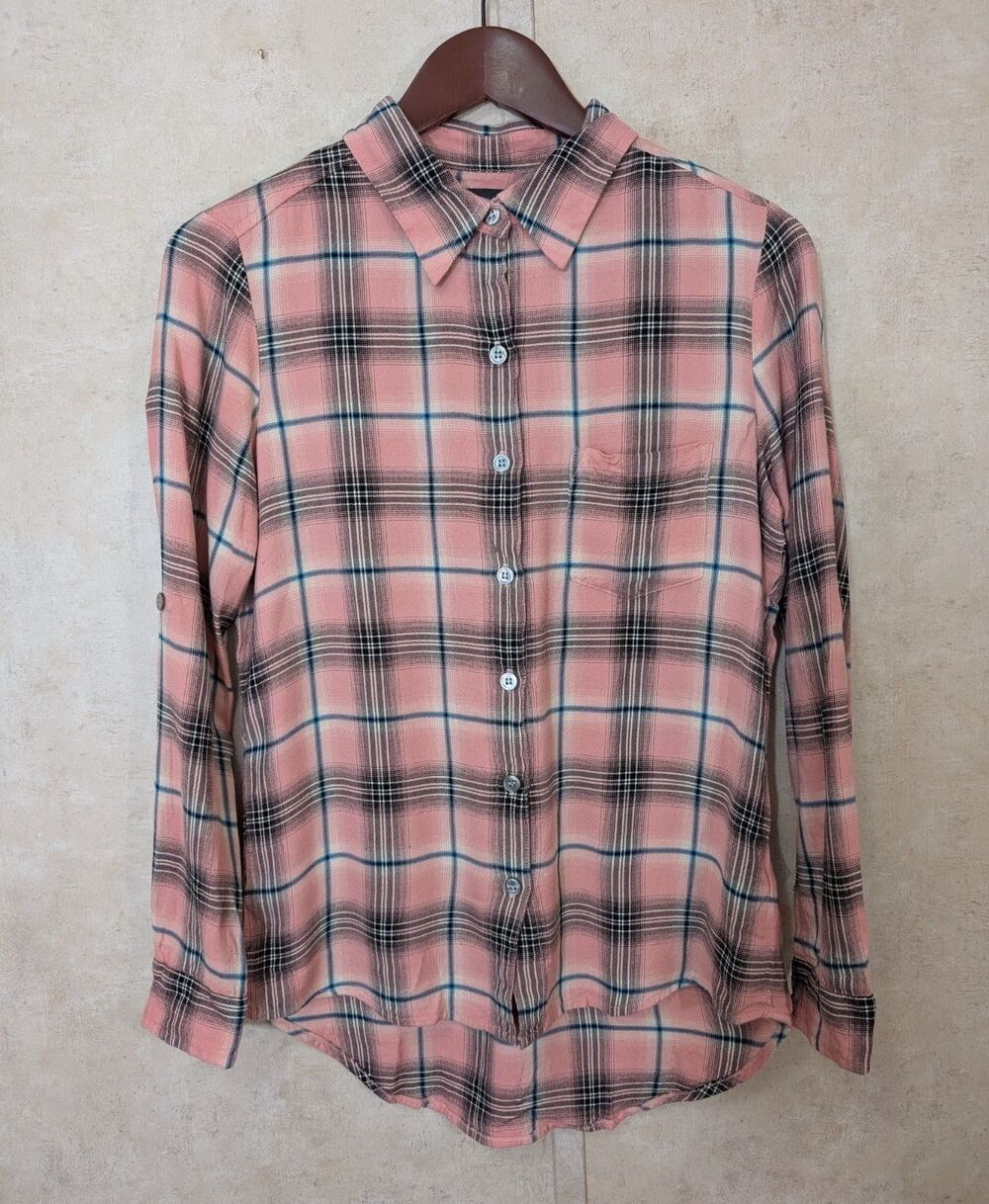 Karen Kane Top Womens XS Pink Plaid Roll Tab Button Up Long Sleeve Preppy Shirt - Picture 3 of 11